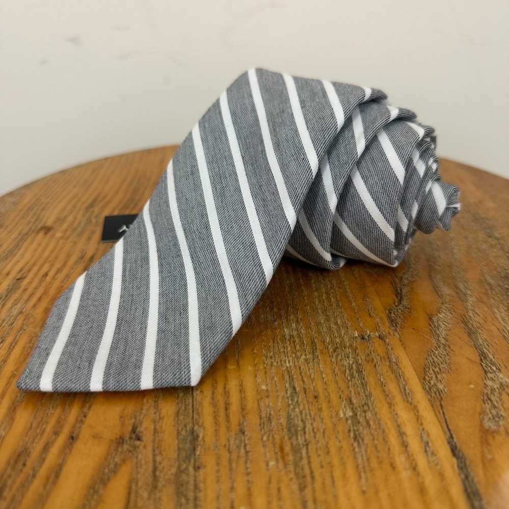 Spier & Mackay Necktie Gray White Striped Slim Cotton Designer Handmade Mens